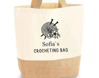 Personalised Knitting Jute Bag, Crochet Project Bag, Knitting Tote,  Knitting Gifts, Christmas Gift Bag, Personalised Knitter Gift, Yarn