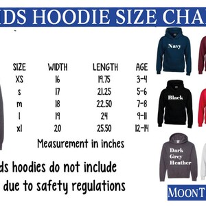 kids hoodie size chart with measurements and measurements