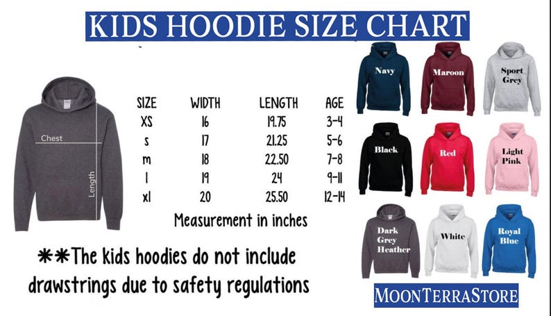kids hoodie size chart with measurements and measurements