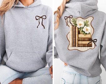 Coquette Bow Books Hoodie, Bookish Pullover, Book Lover Hoodie, Floral Book Hoodie,  Flovers Book Top