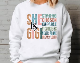 She is Gigi Hoodie, Mothers Day Gift, Retro Grandma Jumper, Bible Verses Hoodie, God Lover Sweater, Jesus Sweatshirt, Motivational Hoodie