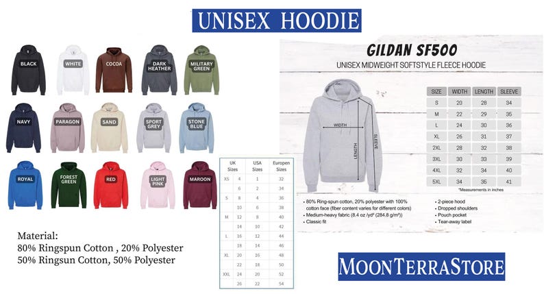 a diagram of the hoodie sizes and measurements