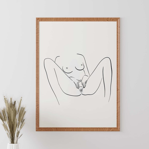 Erotic Nudity, Fine Art Nude Print, Vagina Drawing, Nude Line Drawing, Female Body Drawing, Vagina Line Art, Kinky Art, Woman Masturbating