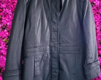 EXCELLED Black Leather Coat Drawstring Waist Size Small