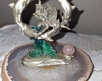 Vtg. Pewter Mermaid with Circle of Dolphins on Agate Stone & Rose quartz Ball