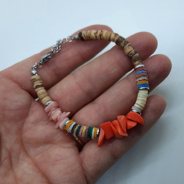Bracelet perles en corail , cuir , noix de coco , pièce unique , idée cadeau femme , fait main