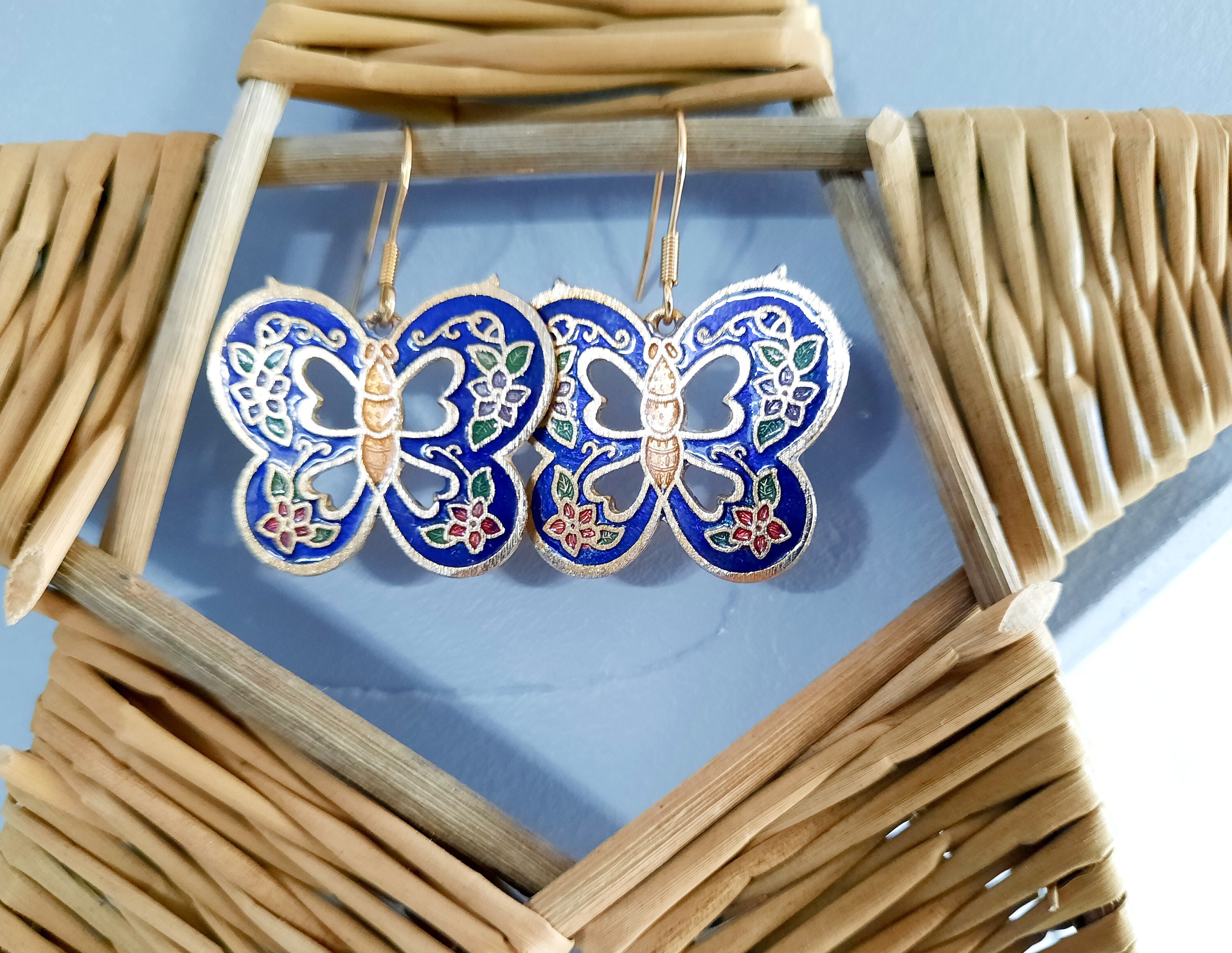 Pendentif Vintage Oiseau Et Nuage En émail Cloisonné Bleu - Années 70/80, Style Asiatique