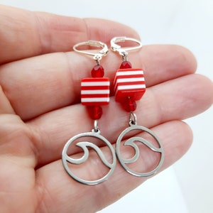 marine-style earrings, striped cube beads and anchor, wave, seahorse, fishbone charm, handmade in France