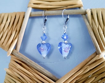 Boucles d'oreilles cœur en verre , toupie cristal de swarovski , idée  cadeau Saint Valentin