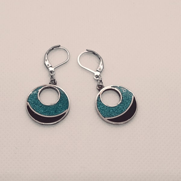 boucles d'oreilles vintage en alpaga mexicains , cloisonnés nacre et turquoise , idée cadeau femme