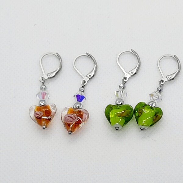 Boucles d'oreilles coeur en verre , toupie cristal de swarovski , cadeau Saint Valentin