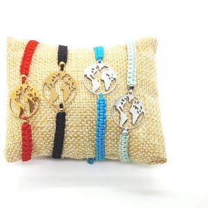 Pulsera macramé, conector mapamundi en acero inoxidable dorado o plateado, idea de regalo unisex, fabricación artesanal francesa