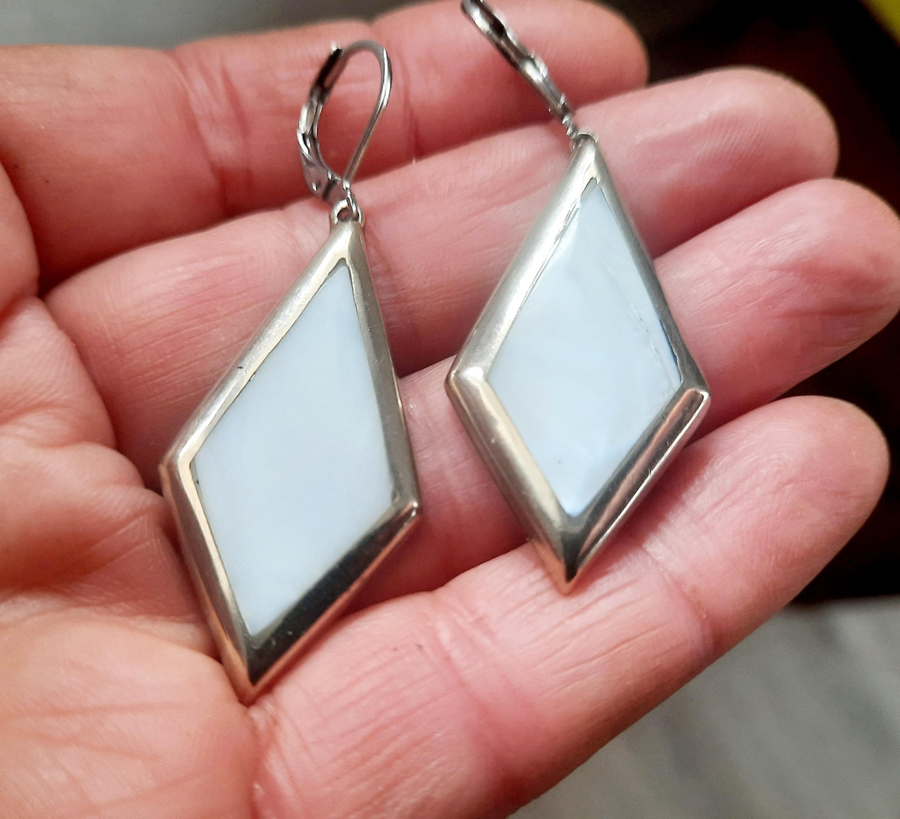 Boucles D'oreilles Vintage Triangle - Nacre Blanche Et Rose, Argentée - Artisanat Mexicain - Occasion