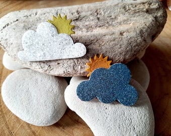 Leather and sequin brooch in the shape of a cloud and sun Gift idea Handmade