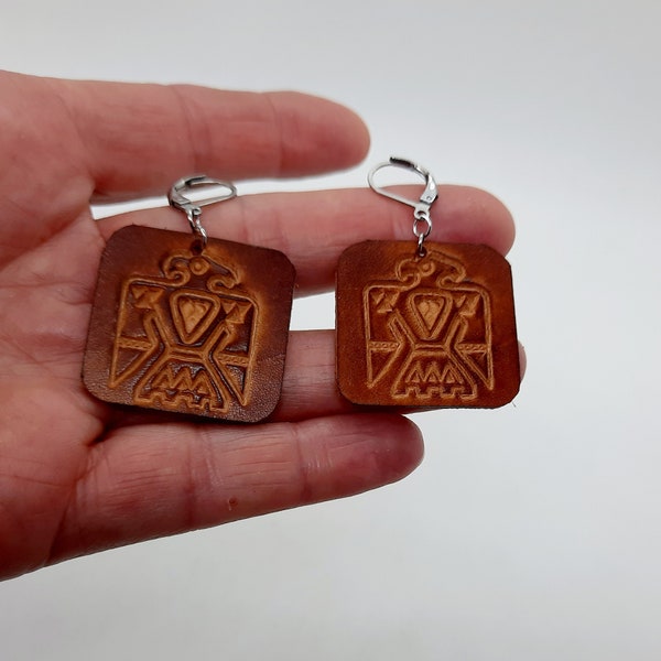 Leather earrings, Native American patterns, Totem eagle or turtle, gift idea, handmade