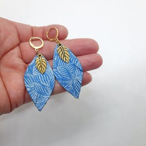 Leather earrings, feather shape, gift idea for women, handmade in France