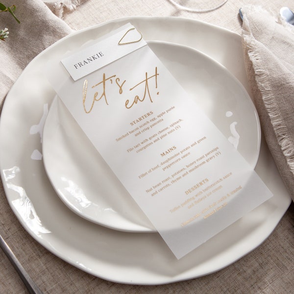 Autograph Foiled Vellum Wedding Menus | Personalised Custom Wedding Menu Place Cards