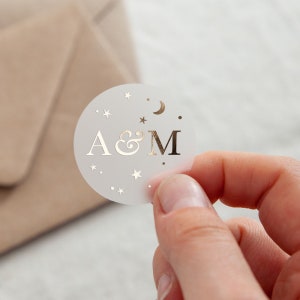 Moon & Stars | Initials Foiled Wedding Stickers | Wedding Stationery | Gold or Silver Foiled Stickers