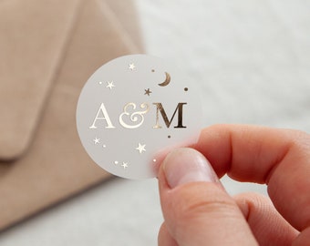 Moon & Stars | Initials Foiled Wedding Stickers | Wedding Stationery | Gold or Silver Foiled Stickers