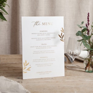 Gold Leaves | Foiled Wedding Menu Sign | On The Day Signage | Personalised | A5 A4 or A3 Freestanding Sign