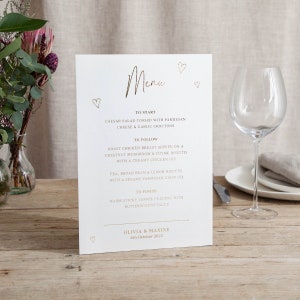 Scattered Hearts | Foiled Wedding Menu Sign | On The Day Signage | Personalised | A5 A4 or A3 Freestanding Sign