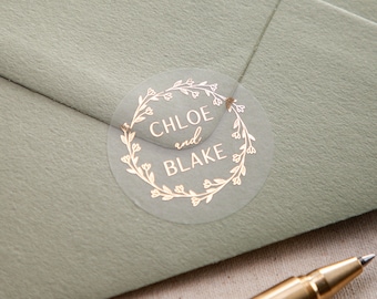 Names and Wreath Foiled Wedding Stickers | Gold Foiled Stickers | Wedding Stationery