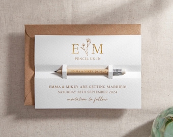 Foiled White 'Floral Line Drawing' Pencil Us In Save the Date