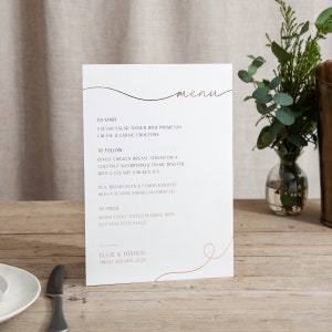 Minimal Script | Foiled Wedding Menu Sign | On The Day Signage | Personalised | A5 A4 or A3 Freestanding Sign