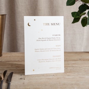 Moon & Stars | Foiled Wedding Menu Sign | On The Day Signage | Personalised | A5 A4 or A3 Freestanding Sign