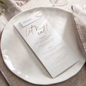 Autograph Foiled White Wedding Menus | Gold Foil Custom Wedding Menu Place Cards