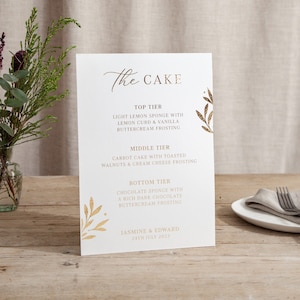 Gold Leaves | Foiled Wedding Cake Sign | On The Day Signage | Personalised | A5 A4 or A3 Freestanding Sign