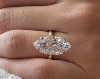 IGI Certified 4CT Marquise Cut Lab Grown Diamond Solitaire Engagement Ring,14K Gold Round Prong Set & Unique Twisted Band Ring Gift For Her.