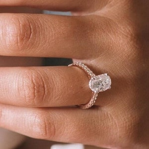 IGI Certified 2.50 CT Oval Cut Lab Grown Solitaire Engagement Ring, 14K Gold Prong Set Ring, pave Band & Hidden Halo Ring For Wedding Ring