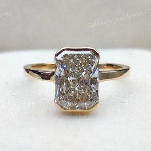 IGI Certified 2.50 CT Radiant Cut Lab Grown Solitaire Engagement Ring, 14K Yellow Gold Half Bezel Set Minimalist Bridal Ring For Her Wedding