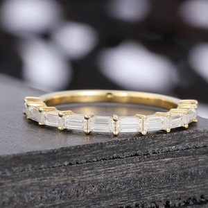 Baguette Cut Moissanite Wedding Band, Yellow Gold Unique Half Eternity Dainty Stacking Ring, Matching Promise Band, Anniversary Gift For Her