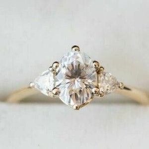 9X7 MM Oval Cut Diamond Three Stone Engagement Ring 14K Yellow Gold Plated-Oval White Simulated Diamond Ring 3 Stone Ring