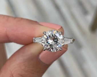 1.50 CT Round Cut Moissanite Diamond Engagement Ring, Three Stone Round And Baguette Cut Wedding Ring, Claw Prong Promise Ring, Gift For Her