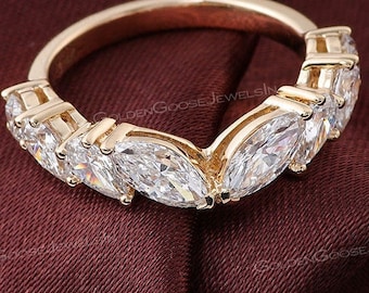 Marquesa y corte de pera Moissanite banda de boda de estilo moderno, anillo de compromiso, anillo de oro de 14K, regalo de aniversario, banda de media eternidad, regalo para ella