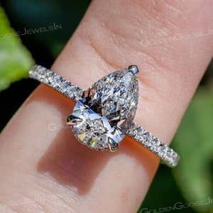 IGI Certified 2.50CT Pear Cut Lab-Grown Diamond Solitaire Engagement Ring 14K White Gold Claw Prong Set with Hidden Halo Pave Band for Women