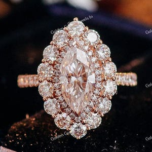 IGI Certified 1.0 CT Marquise Cut Lab Grown Cluster Diamond Engagement Ring, 10K Rose Gold Pave Set & Halo Ring For Wedding Anniversary Gift