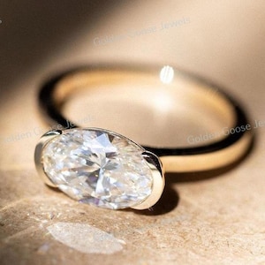Art Deco 2.30 CT Elongated Oval Cut Lab Grown CVD Diamond Solitaire, 18k Solid Yellow Gold Half Bezel Set Wedding Ring, Gift For Bride