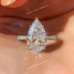 IGI Certified 3CT Pear Cut Lab Grown Solitaire Engagement Ring, 14K White Gold Prong Ser Ring & Hidden Halo, Half Eternity Band Gift For Her