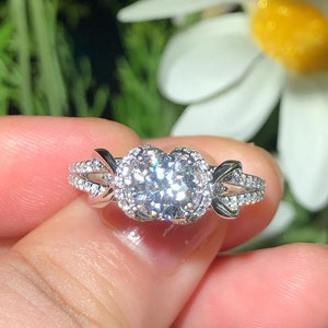2.0 CT Round Moissanite Diamond Engagement Ring, 14K White Gold Halo Double Band Ring, Solitaire Pave Set Wedding Ring, Vintage Style Ring
