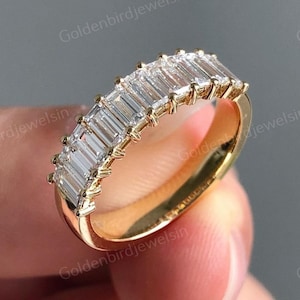 Baguette Cut Moissanite Diamond Band, Dainty Half Eternity Wedding Band, 14K Yellow Gold Stackable Band, Promise Band, Handmade Jewelry