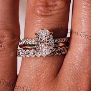 3.00 CT Oval Cut Hidden Halo Engagement Ring Set 14K Yellow Gold Bridal Trio Wedding Ring Set With Oval And Plain Anniversary Gift For Women