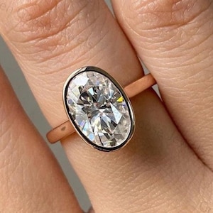 Anillo de compromiso solitario de 3,00 quilates con corte ovalado cultivado en laboratorio, engaste en bisel, anillo de bodas de oro amarillo de 10 quilates, regalo de aniversario para mujer, anillo de promesa