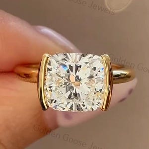 Half Bezel Set 1.00 CT Lab Grown Ring Cushion Ring, Solitaire Engagement Cushion Cut Bezel Wedding Ring Thin Band Promise Ring for Women