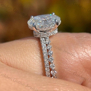 3 CT Oval Lab Grown Double Hidden Halo Engagement Ring Set Solitaire Wedding Ring Set  14K Solid White Gold Anniversary Gift Ring For Women