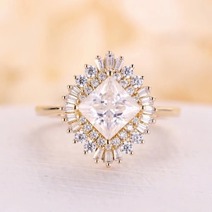 Pierścionek zaręczynowy z diamentem Moissanite w szlifie Starburst Princess, pozłacana obrączka ślubna z halo, pierścionek Starburst w szlifie okrągłym i bagietkowym, obrączka ślubna