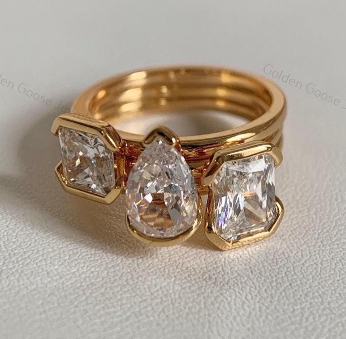 Lab Grown Diamond Pear, Square, Radiant Stackable Yellow Gold Engagement Rings, Half-bezel Three Stone Anniversary Gift, Bridal Three Ring